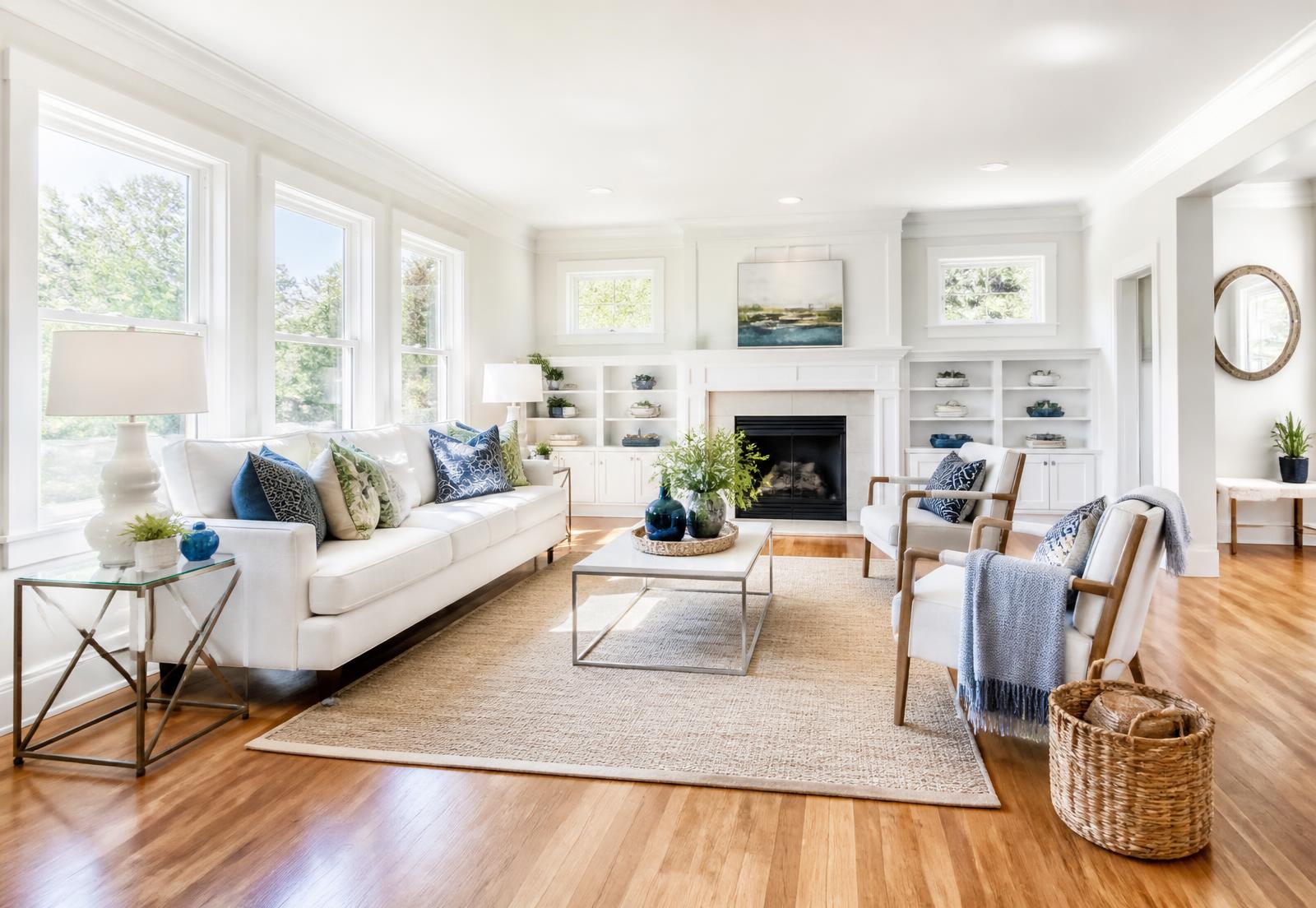 Bright, freshly cleaned living room with sunlight on polished floors